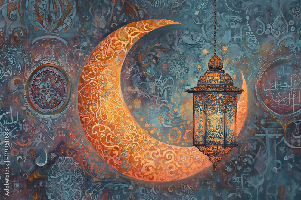 Poster glowing crescent moon and lantern illuminate intricate patterns in a tranquil night setting