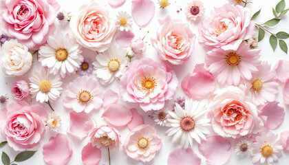 Beautiful arrangement of pink and white flowers with petals scattered on a light background