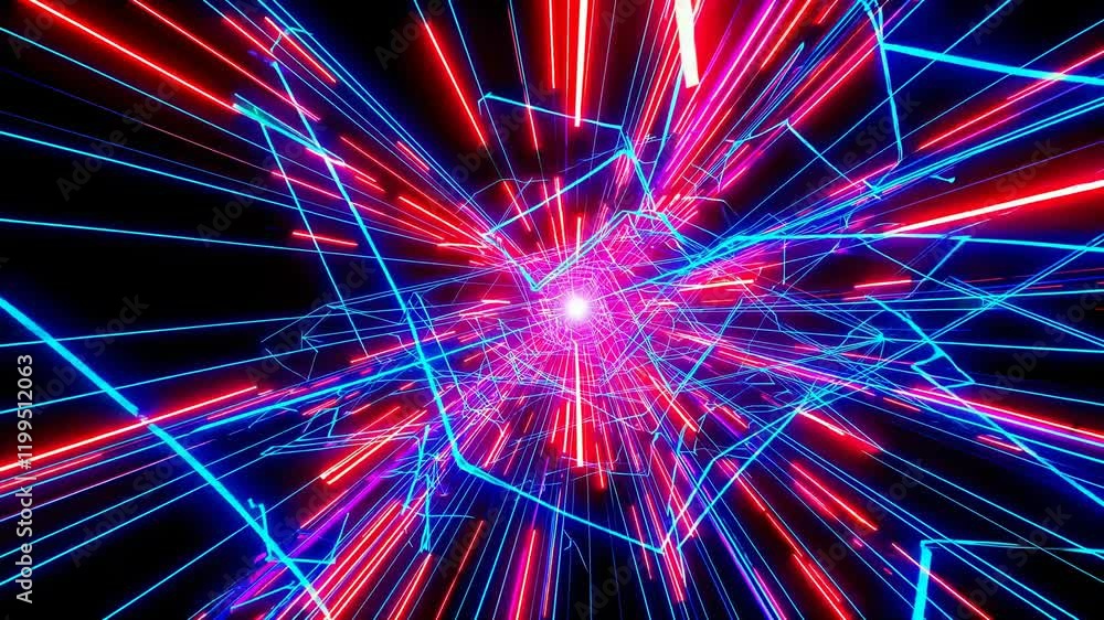 Poster neon lines expanding dynamically from geometric center, creating luminous visual effect against deep