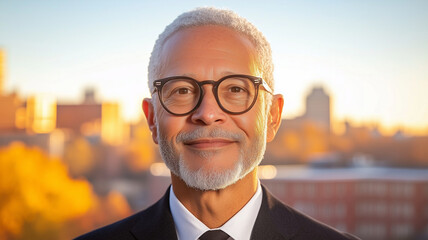 confident businessman with glasses smiles warmly against blurred cityscape backdrop. autumn colors enhance professional atmosphere, reflecting success and approachability