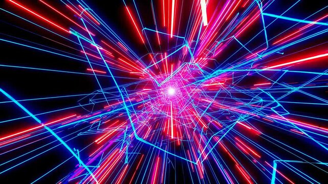 Neon lines expanding dynamically from geometric center, creating luminous visual effect against deep black background with vibrant color transitions and energetic movement