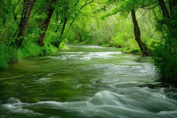 Crystal clear river flowing through a vibrant green forest, creating a serene and idyllic natural landscape