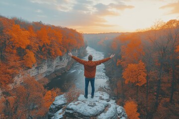 Obraz premium Man stand on cliff edge alone enjoying aerial view backpacking lifestyle travel adventure outdoor vacations