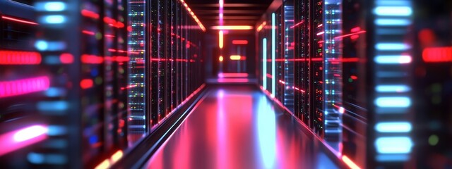 A lengthy corridor filled with rows of servers.