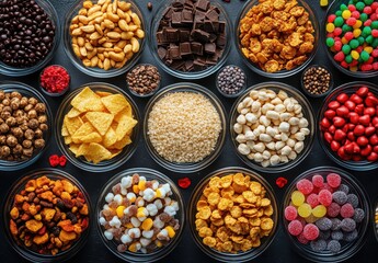 Colorful Assortment of Snacks and Sweets Displayed in Glass Bowls on a Dark Surface, Featuring Various Textures and Flavors for Food Lovers and Culinary Enthusiasts