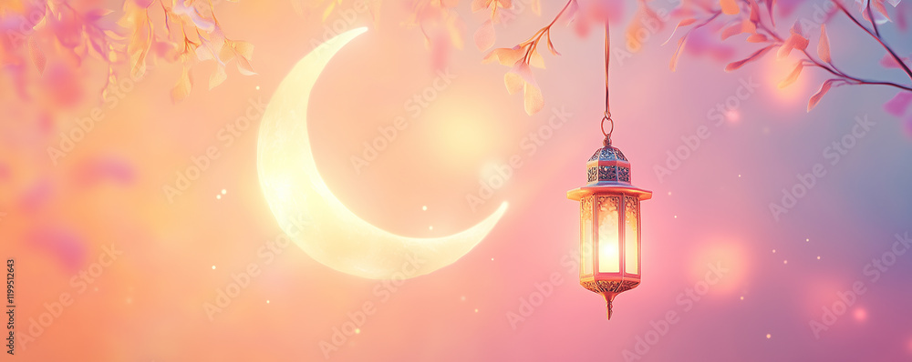 Poster pastel gradient background with a glowing lantern and crescent moon enhancing a serene nighttime atm