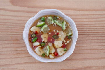 Fish sauce with chili. Chili, garlic, lime, fish sauce. Thai food.