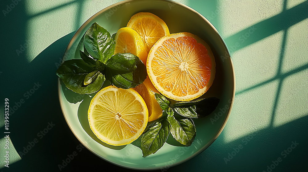 Poster citrus fruits arranged in a bowl with fresh leaves on a teal background creating a vibrant display. 