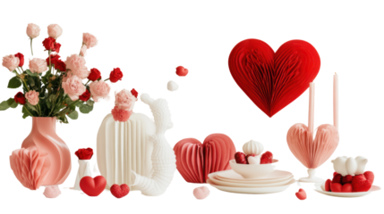 A romantic arrangement featuring pink and red roses, heart decorations, and elegant dining setup, perfect for special occasions.