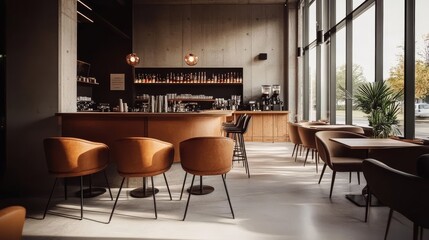 Large windows create an inviting atmosphere in the modern cafe.