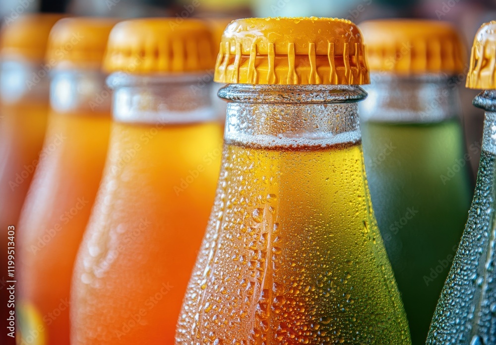 Poster colorful bottled beverages with ferns and water droplets on glass surface for refreshing summer vibe