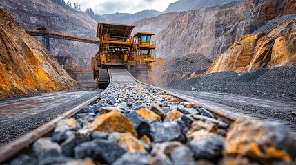Rocks moving along a conveyor belt in a quarry, with heavy machinery operating in the background, showcasing the mining industry in action.