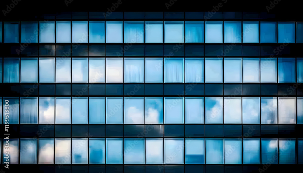 Poster abstract image of a modern building's facade reflecting a cloudy sky, showcasing a grid pattern of w