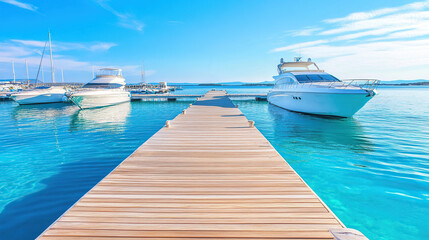 Wooden pier in front of luxury yacht club on summer sunny day. Luxury vacation by the sea background