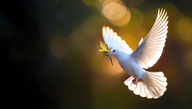Stunning image of a white dove in flight, carrying an olive branch.  Soft, backlit lighting creates a peaceful, ethereal atmosphere, perfect for concepts of peace, hope, and new beginnings. - Powered by Adobe