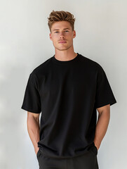 Young man dressed in oversized basic cotton mock up black t-shirt stands against white wall. Clothing template