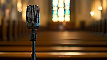 A classic condenser microphone on a stand stands ready in a dimly lit church or cathedral.