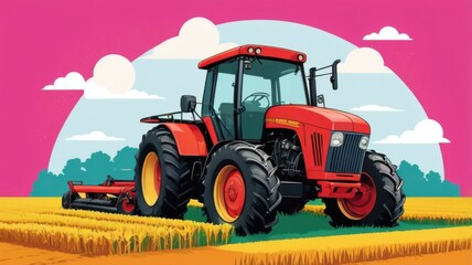 Obraz premium A red tractor is driving through a field of yellow corn