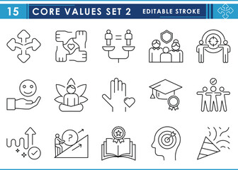 Fototapeta premium A set of line icons related to Core values. Directions, community, equality, leadership, family, target focused, emotions, challenges, and so on. Vector editable stroke.