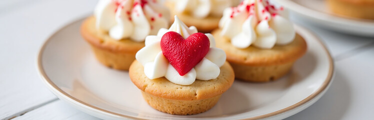 Romantic Mini Dessert Cakes Feature A Sweet Cookie Topped With Cream And Decorated With A Red Heart On White. 00001