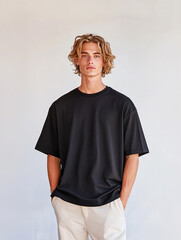 Young man dressed in oversized basic cotton mock up black t-shirt stands against white wall. Clothing template