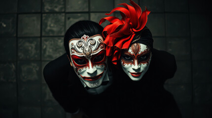 couple man and woman in Venice carnival costumes and masks