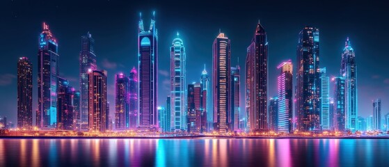 Naklejka premium Vibrant skyline of Dubai illuminated at night with modern architecture reflecting in the water