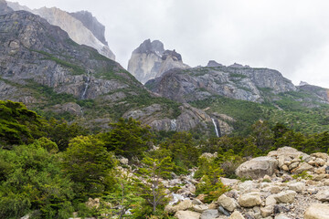 An impressive mountain landscape in Torres Del Paine national park, along lake Nordenkjold, in Patagonia, Chile.