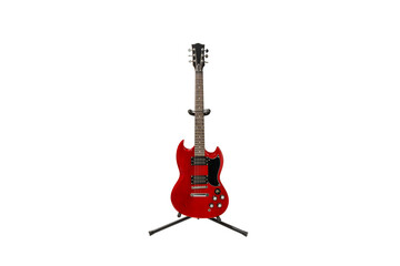 A red guitar stands on a stand. Guitar on a transparent background. The guitar is not used.