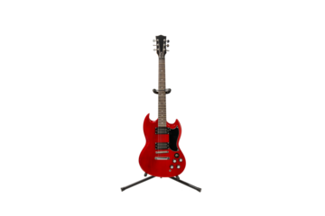 A red guitar stands on a stand. Guitar on a transparent background. The guitar is not used.