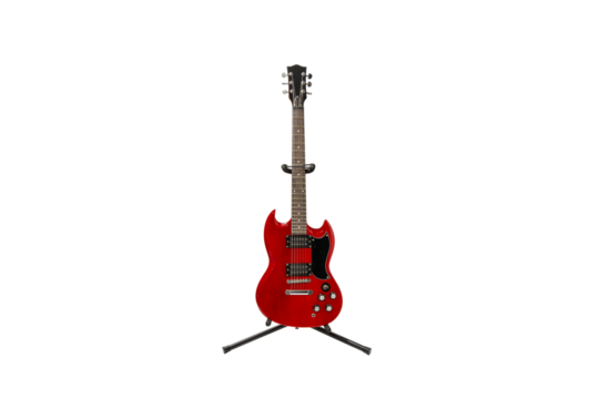 A red guitar stands on a stand. Guitar on a transparent background. The guitar is not used.