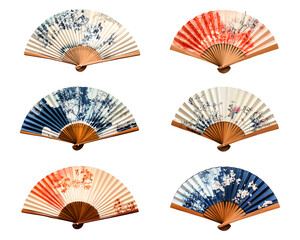Set of beautifully crafted folding fans are showcased, highlighting their intricate designs and craftsmanship, perfect for cultural events or decoration isolated on transparent background 
