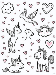 Play Simple Love Holiday Seek And Find Activity With Unicorn, Cupid, Hearts In A Colorful Vector Black And White Searching Game. 00001