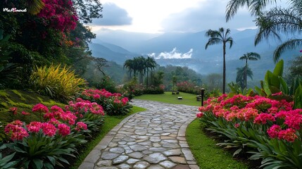 Naklejka premium 鮮やかな花が咲き誇る道