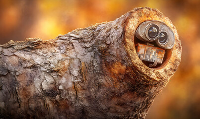 Fototapeta premium Adorable robot nestled in a hollowed-out tree trunk, bathed in warm autumnal light. A whimsical scene of nature and technology merging.