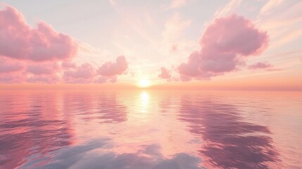 Romantic sunset over the ocean with soft pink clouds reflecting on the water