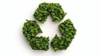 Lush green foliage forming a recycling symbol on white background.