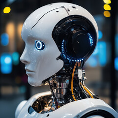 futuristic humanoid robot with glowing features and intricate design, showcasing advanced technology and innovation