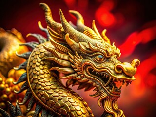 Fototapeta premium Macro Close-up of Gold Dragon Statue, Red Background - Stock Photo