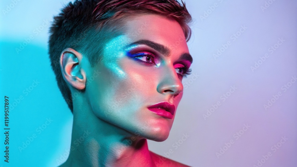 Poster a portrait of a nonbinary figure showcases an eyecatching holographic look with striking cheek highl