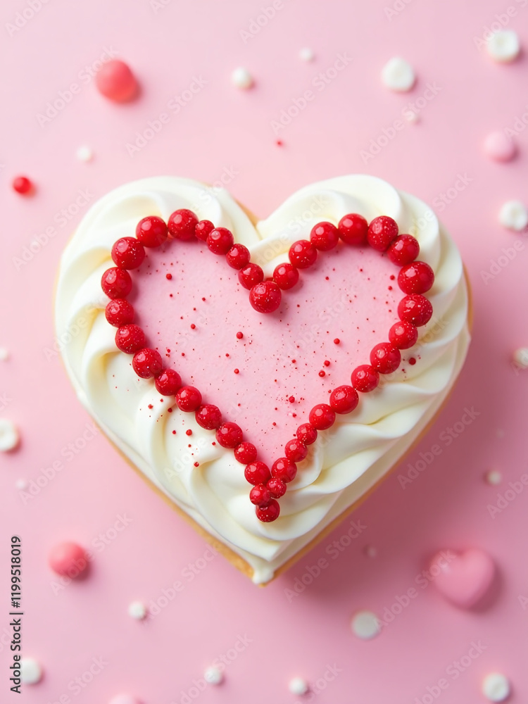 Poster pastel pink background features a delicate heart design made from red sugar, surrounded by creamy wh