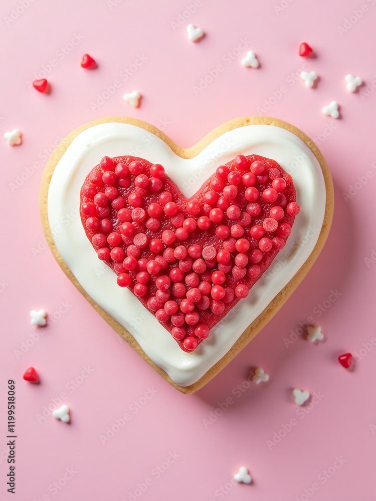 Poster pastel pink background features a delicate heart design made from red sugar, surrounded by creamy wh
