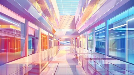 Modern Shopping Mall Interior with Blurred View Cartoon Style