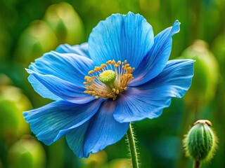 Majestic Blue Poppy Meconopsis Grandis Flower in Bloom - Left Side Copy Space