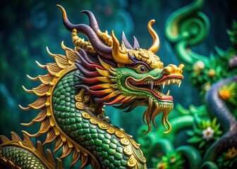 Majestic Gold & Green Dragon Statue, Fantasy Figure, Mythical Creature, Green Background