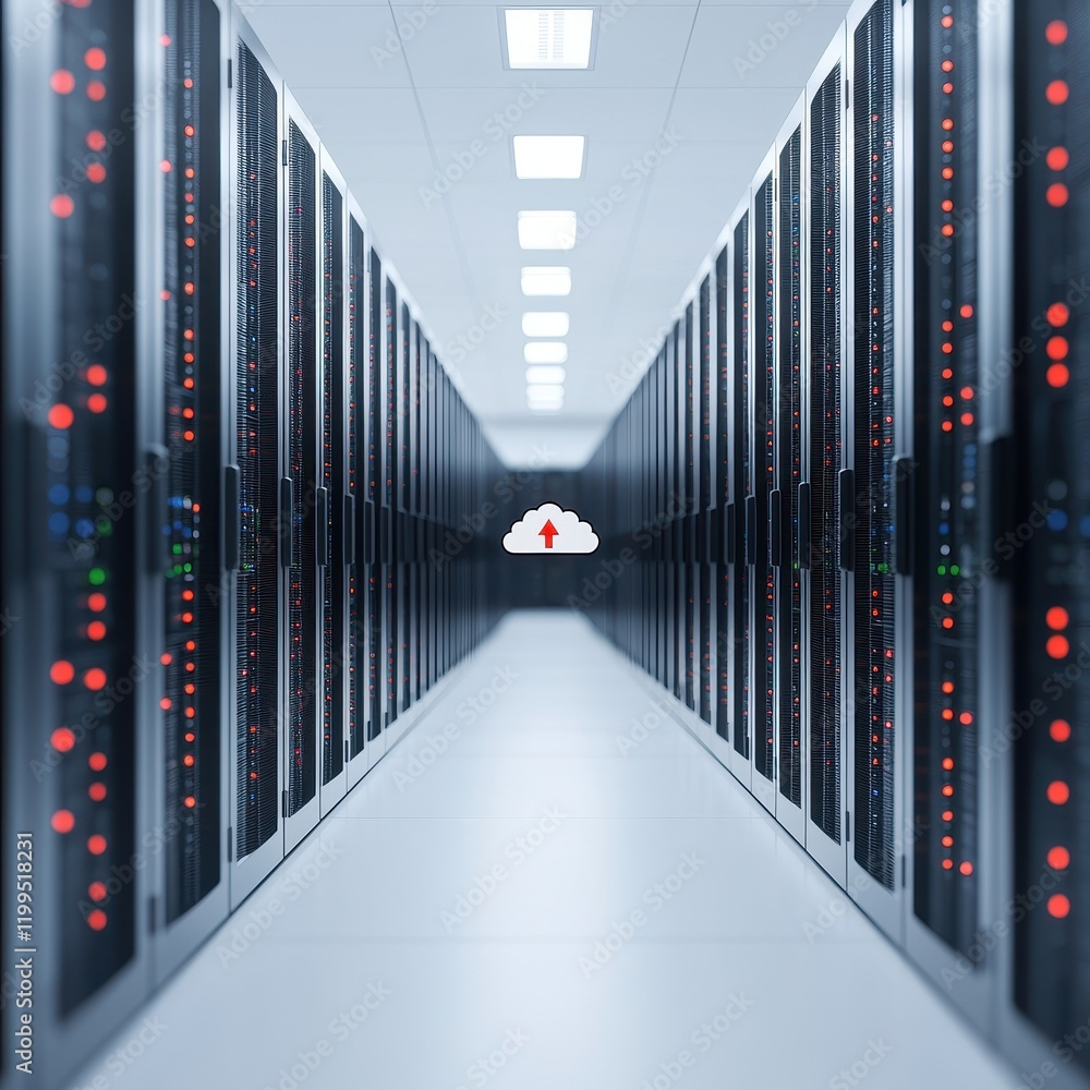 Aufkleber a futuristic data center corridor with rows of servers, highlighted by a cloud symbol featuring a me
