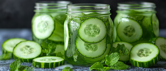 Deliciously crafted cucumber and mint infused preserves in mason jars arranged on a textured surface. Generative AI