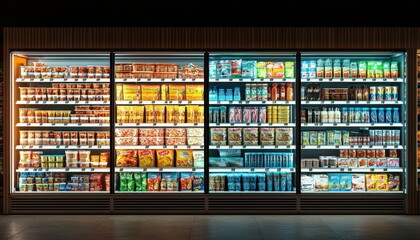 A well-organized supermarket refrigerator showcasing cold and fresh products.