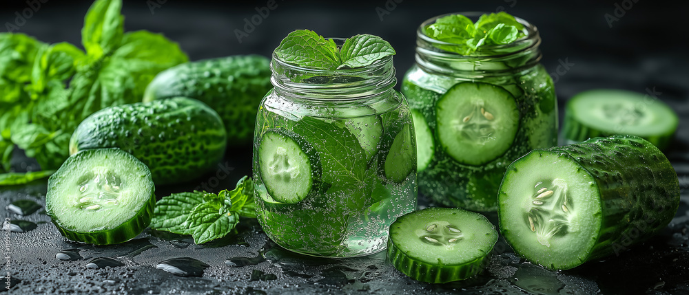 Poster refreshing cucumber and mint drink in jars on dark background with fresh cucumbers and mint leaves s