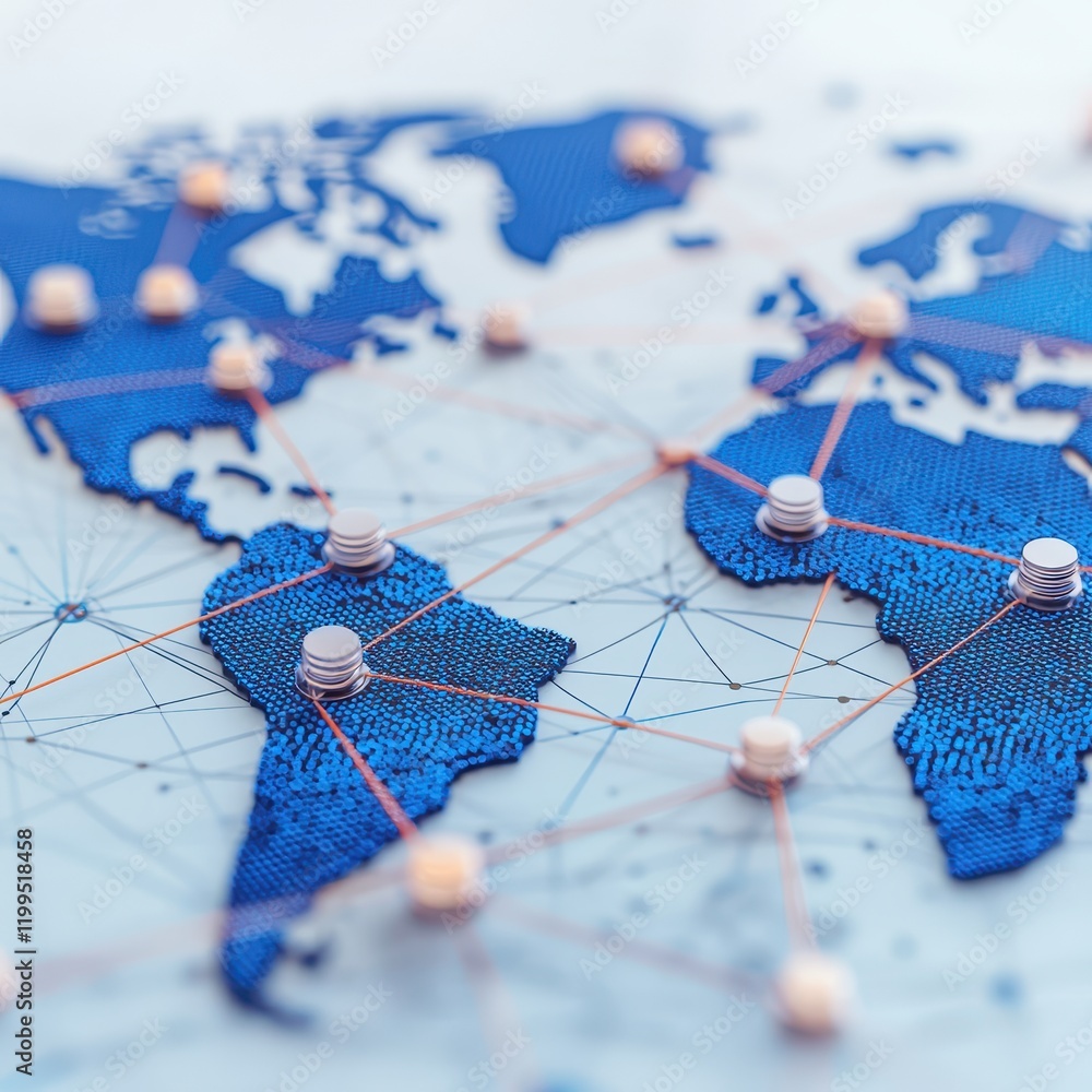 Aufkleber a detailed map highlighting continents with interconnected nodes, symbolizing global connectivity an